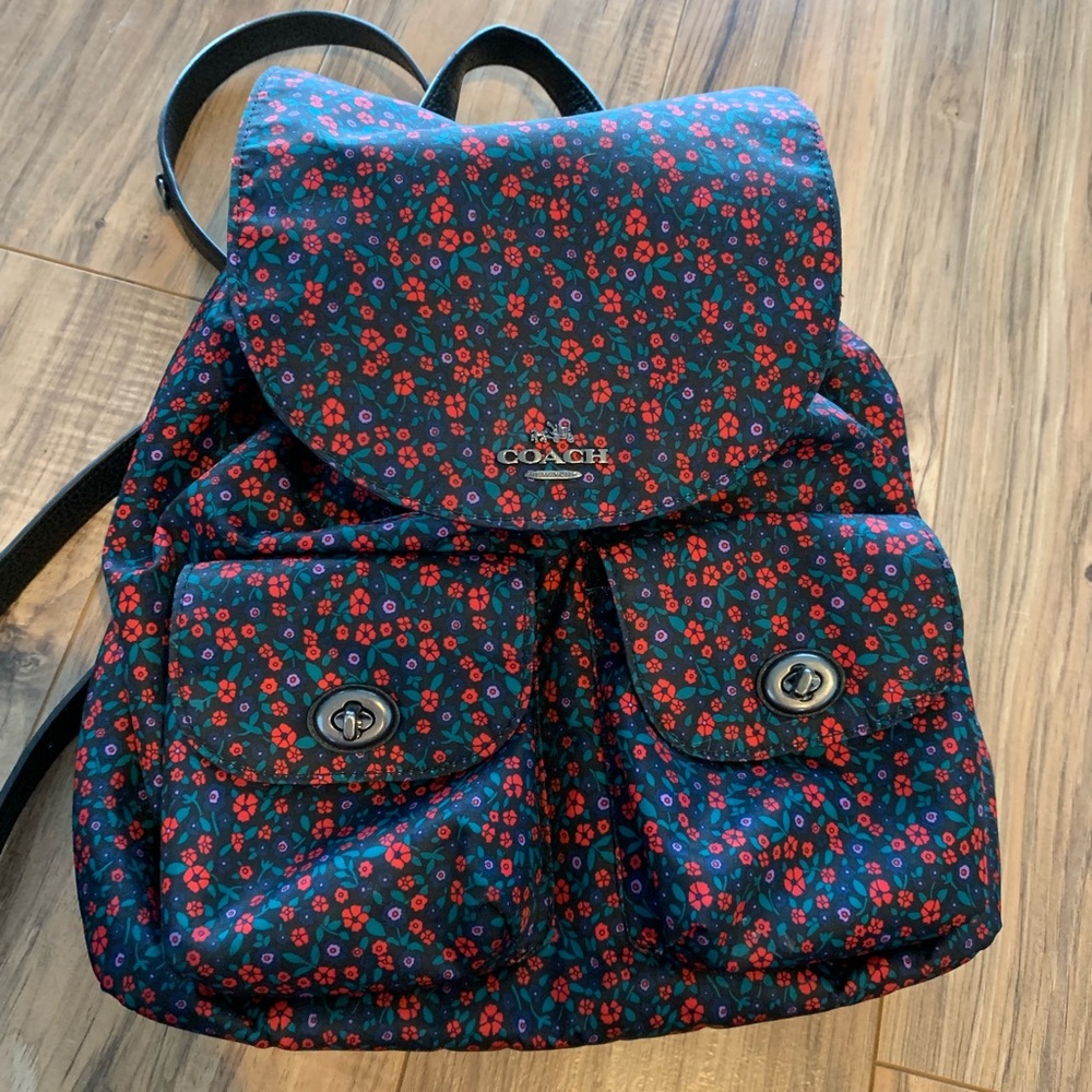 COACH black and red floral backpack